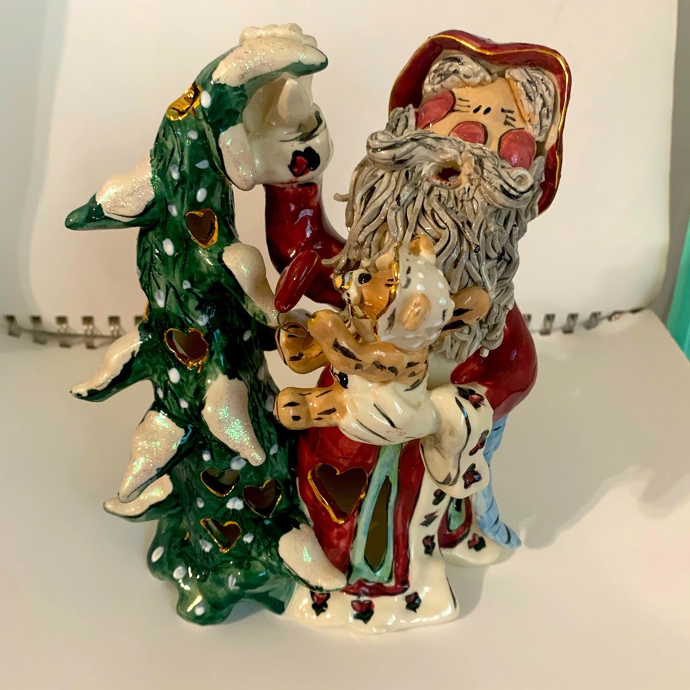 Vintage Blue Sky Heather Goldminc Santa Decorating Tree with Baby Bear